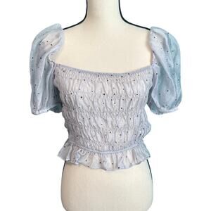 Zara Sheer Polka Dot Smocked Short Puff Sleeve Crop Top Women's Small